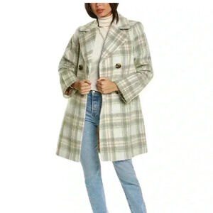 SAM EDELMAN BRUSHED PLAID DOUBLE BREASTED PEACOAT SAGE GREEN AND PINK SIZE M